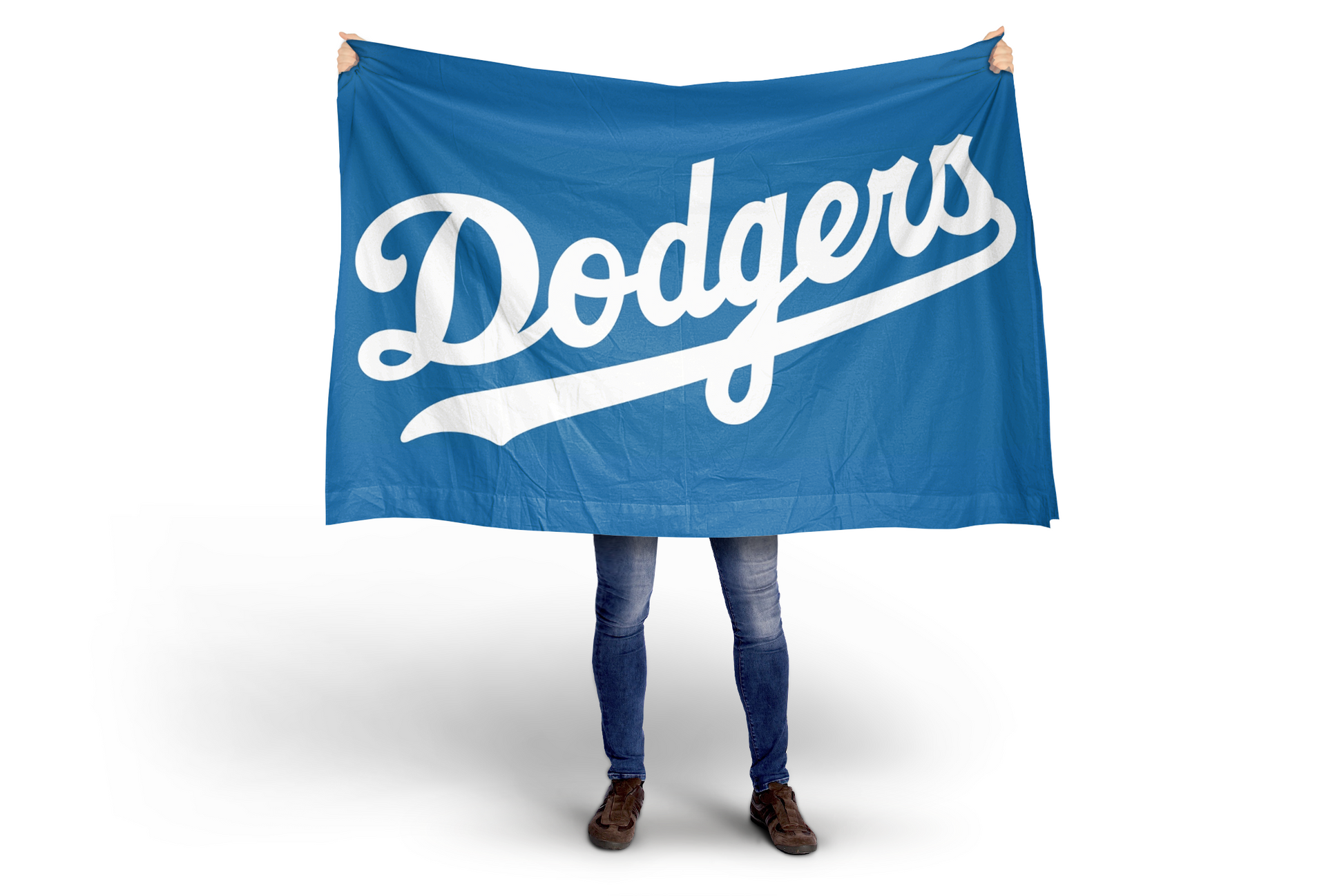Person holding a blue flag with 'Dodgers' logo on a white background