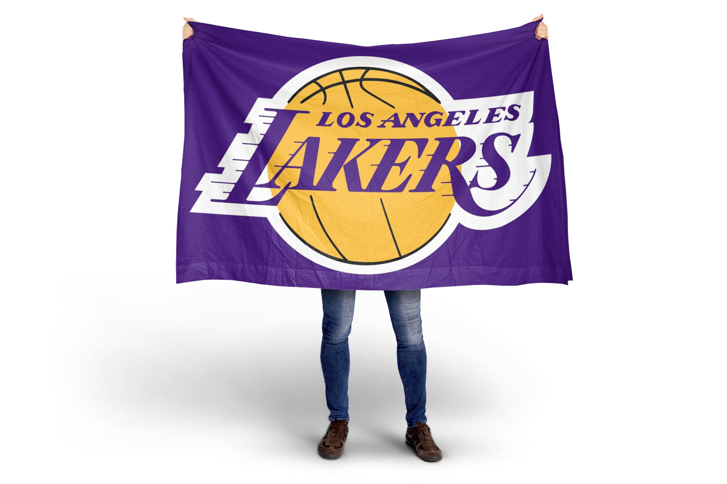 Person holding a Los Angeles Lakers flag on a white background