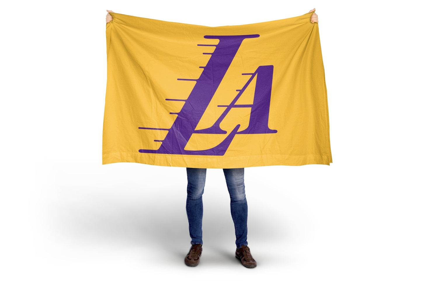 Person holding a yellow flag with a purple 'LA' logo on a white background. Los Angeles Lakers 