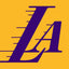 Purple 'LA' logo on a yellow background. Los Angeles Lakers