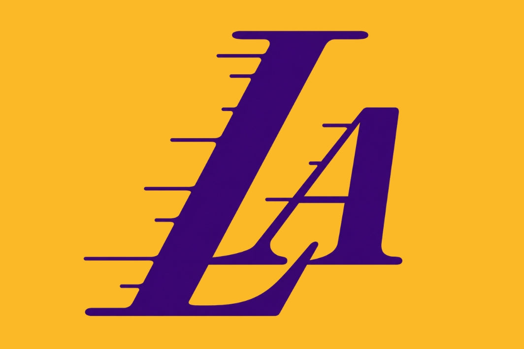 Purple 'LA' logo on a yellow background. Los Angeles Lakers