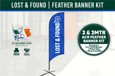 Lost & Found feather banner kit with branding and product details on a white background