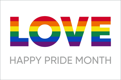 Love - Happy Pride Month Flag – A digital image of a white flag featuring the rainbow-coloured “LOVE” text and “Happy Pride Month” message.