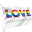 "Love - Happy Pride Month Flag waving in the wind, showcasing a vibrant rainbow-coloured ‘LOVE’ text on a white background with ‘Happy Pride Month’ underneath. Ideal for LGBTQ+ Pride parades, events, and community celebrations. Made in Ireland with durable, weather-resistant polyester."