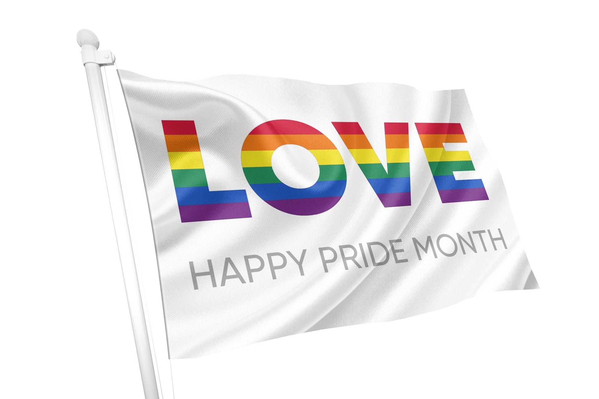 "Love - Happy Pride Month Flag waving in the wind, showcasing a vibrant rainbow-coloured ‘LOVE’ text on a white background with ‘Happy Pride Month’ underneath. Ideal for LGBTQ+ Pride parades, events, and community celebrations. Made in Ireland with durable, weather-resistant polyester."