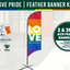 Promotional image of a rainbow 'LOVE' feather banner kit with branding and text.