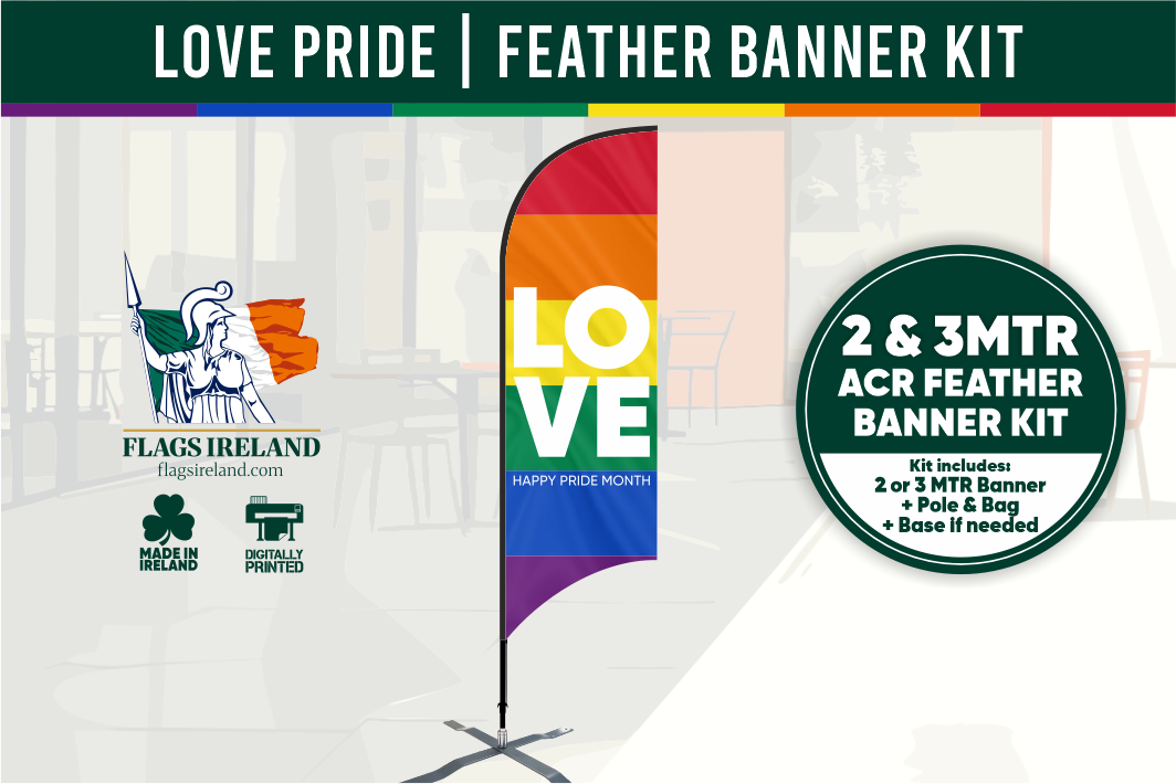 Promotional image of a rainbow 'LOVE' feather banner kit with branding and text.