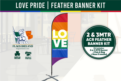 Promotional image of a rainbow 'LOVE' feather banner kit with branding and text.