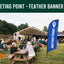 Outdoor event with people sitting at tables, a blue 'Meeting Point' banner, and Flags Ireland branding.