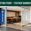 Blue feather banner with 'MEETING POINT' text in an office setting, featuring Flag Ireland logo.
