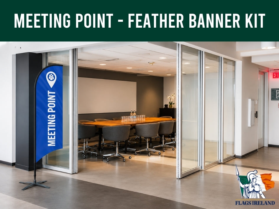 Blue feather banner with 'MEETING POINT' text in an office setting, featuring Flag Ireland logo.