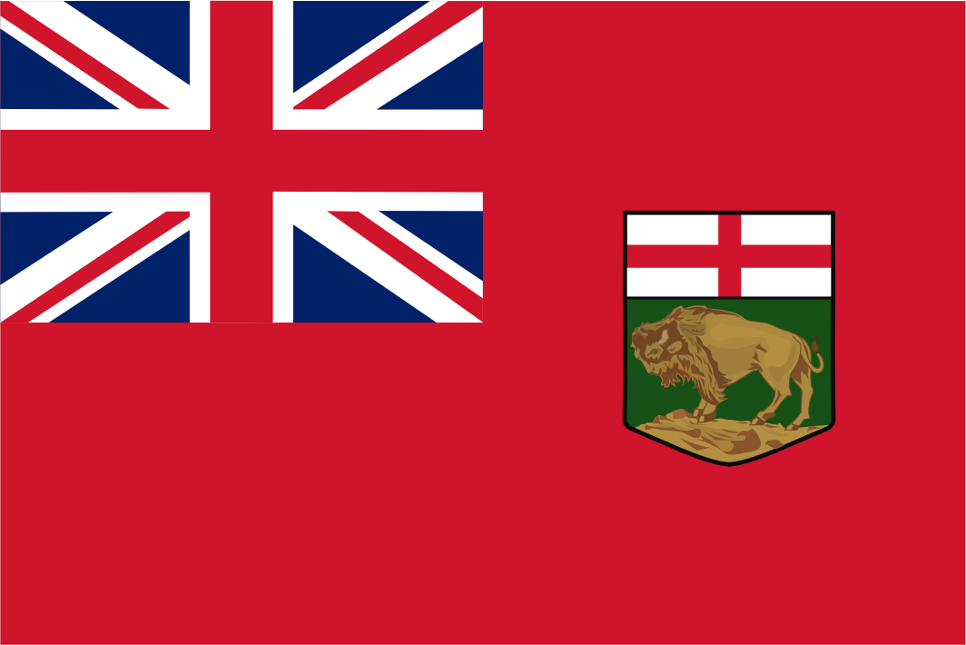 Flag with Union Jack and coat of arms on a red background. Manitoba Flag based on Canadian ensign flag.