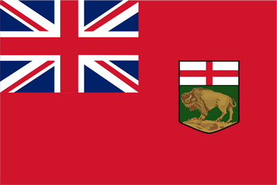 Flag with Union Jack and coat of arms on a red background. Manitoba Flag based on Canadian ensign flag.