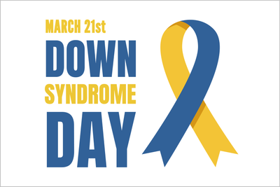 Down Syndrome Day logo with blue and yellow ribbons on a white background