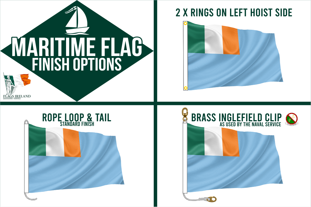 The three different flag finishes offered with the maritime flags. Rope loop & tail, pocket and 2 x rings and the Brass Inglefield clip and rope finish