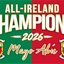 A square graphic celebrating 'All-Ireland Champions 2026' with the name 'Mayo Abú'. The design is split vertically into green on the left and red on the right, mimicking the Irish flag.