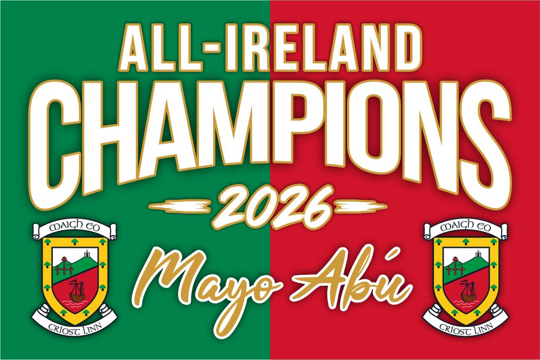 A square graphic celebrating 'All-Ireland Champions 2026' with the name 'Mayo Abú'. The design is split vertically into green on the left and red on the right, mimicking the Irish flag.