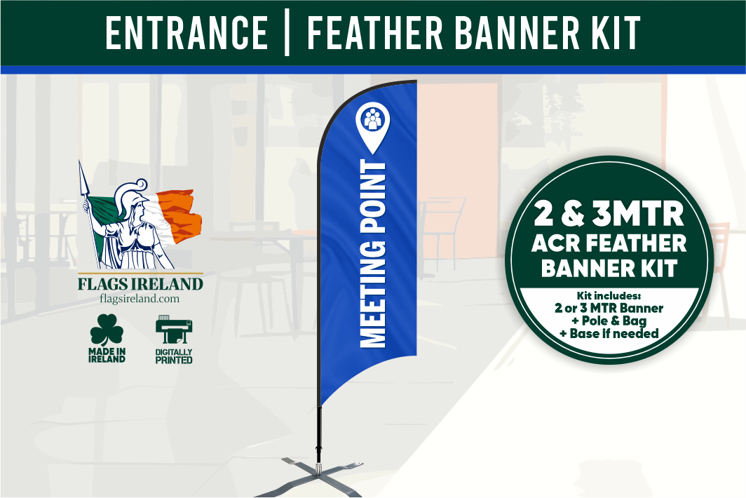 Feather banner kit with branding and product details on a white background