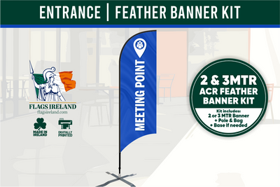 Feather banner kit with branding and product details on a white background