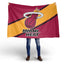 Person holding a Miami Heat flag against a white background