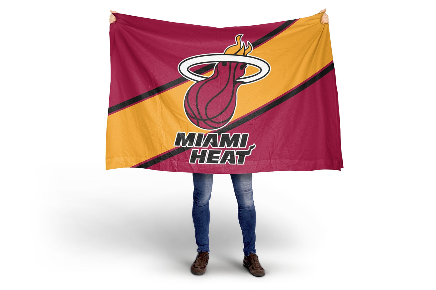 Person holding a Miami Heat flag against a white background
