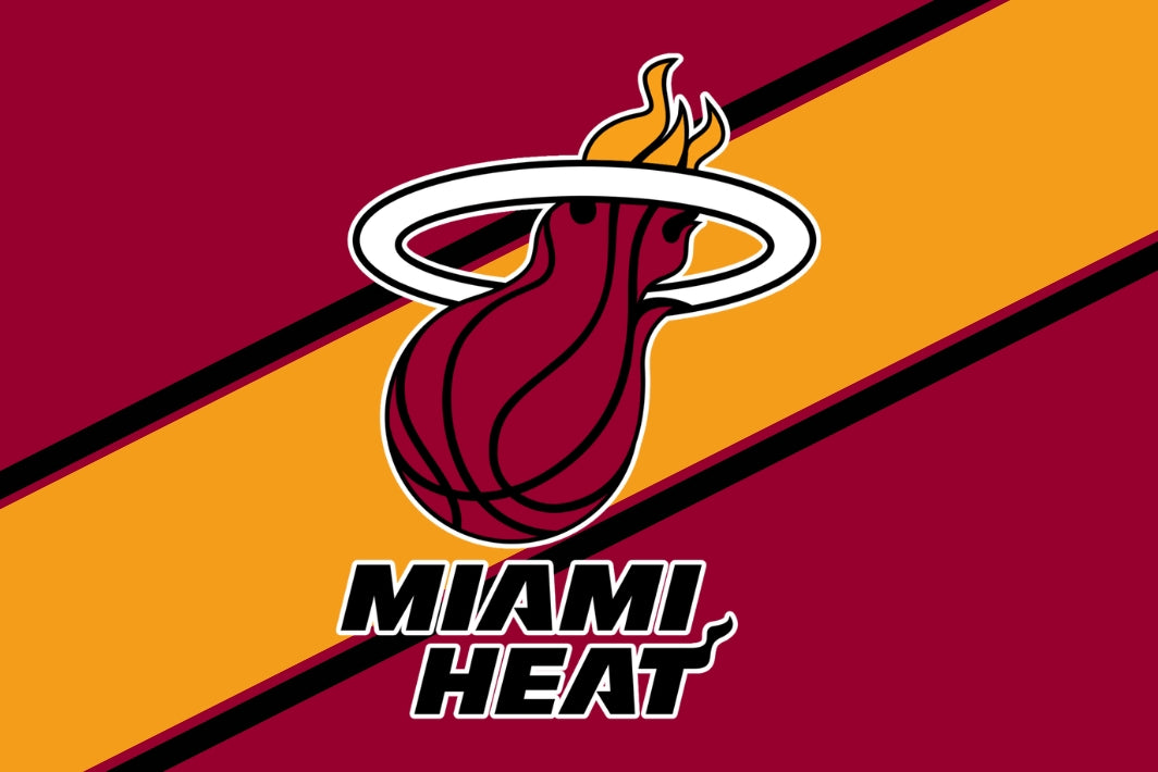 Miami Heat logo on a red and yellow striped background