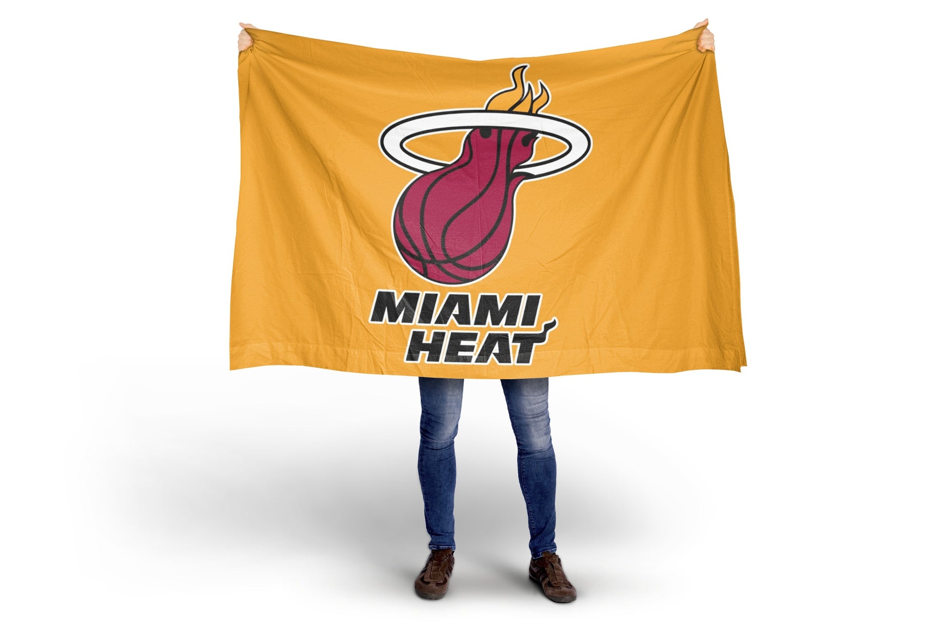 Person holding a Miami Heat flag on a white background