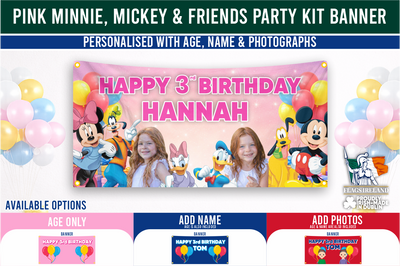 Mickey, Minnie & Friends Party Kit – Pink – Personalised Banner, Tablecloth & Bunting