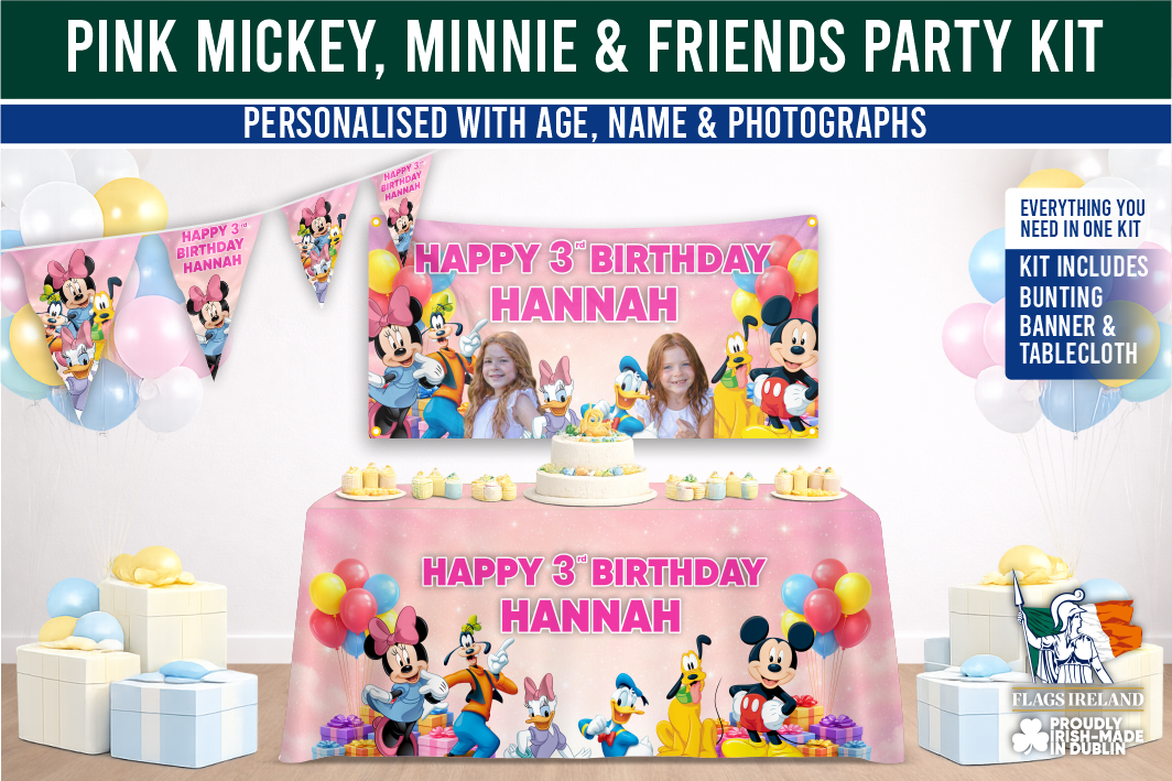Pink Mickey, Minnie & Friends party kit with personalized banner and tablecloth.