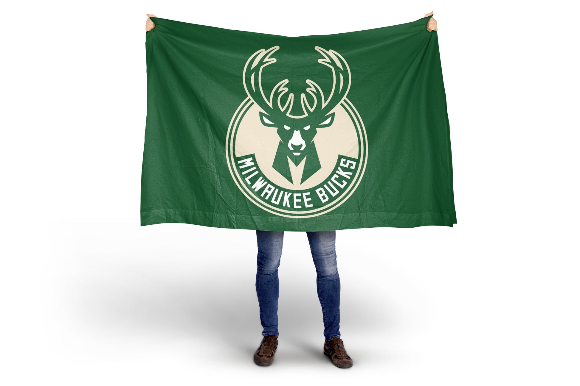 Person holding a green Milwaukee Bucks flag on a white background