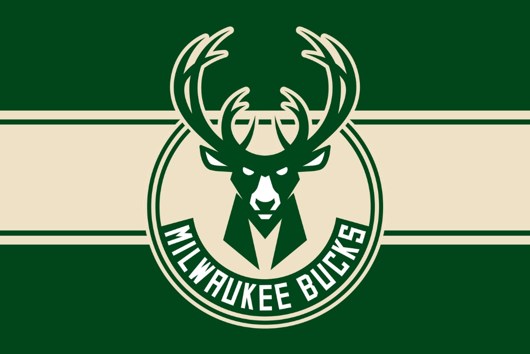 Milwaukee Bucks logo with green and beige stripes on a green background