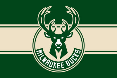 Milwaukee Bucks logo with green and beige stripes on a green background
