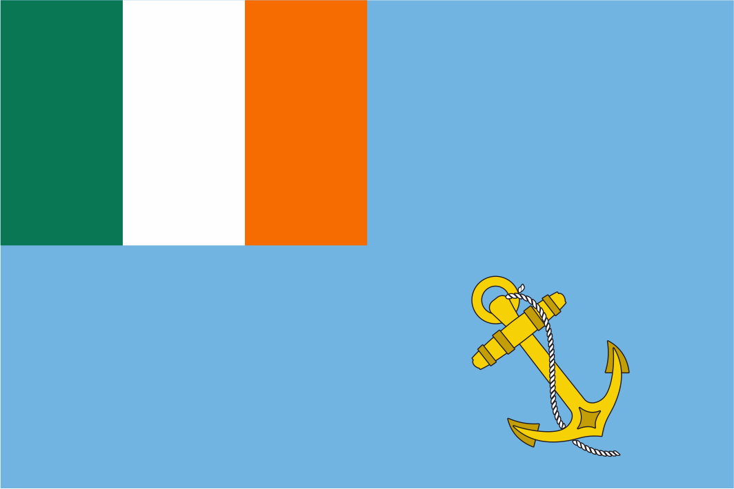 Flag with green, white, orange, and blue sections, featuring a yellow anchor on a blue background.