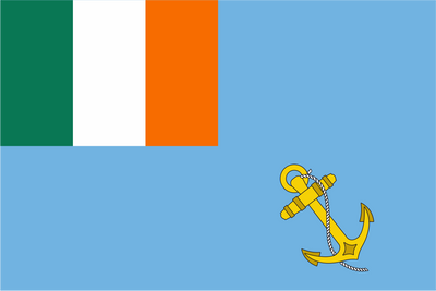 Flag with green, white, orange, and blue sections, featuring a yellow anchor on a blue background.