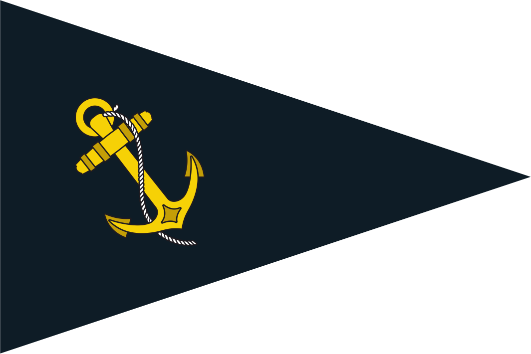 Black burgee flag with a yellow anchor from the Monkstown Bay SC crest in the centre.