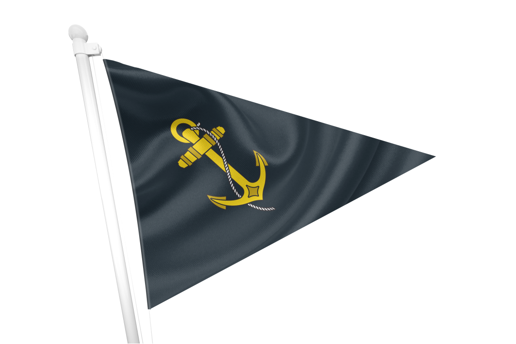 Black triangle flag with a yellow anchor emblem on a white background