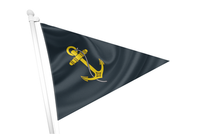 Black triangle flag with a yellow anchor emblem on a white background