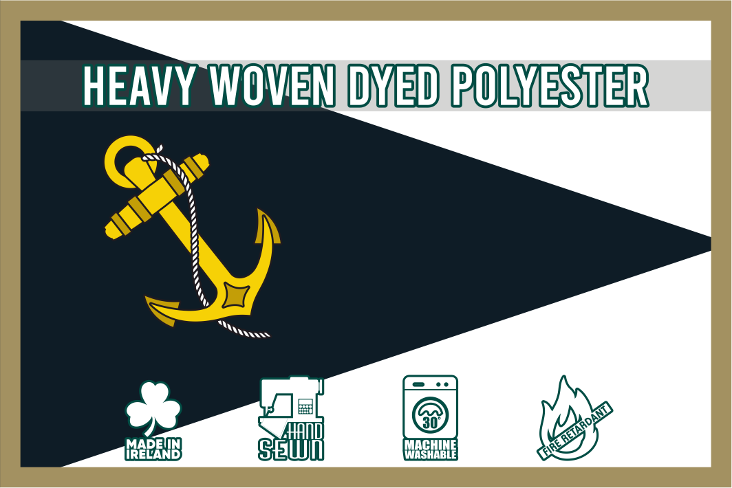 Flag with a yellow anchor design, text 'Heavy Woven Dyed Polyester', and various icons on a white background. Made in Ireland hand stitched and machine washable