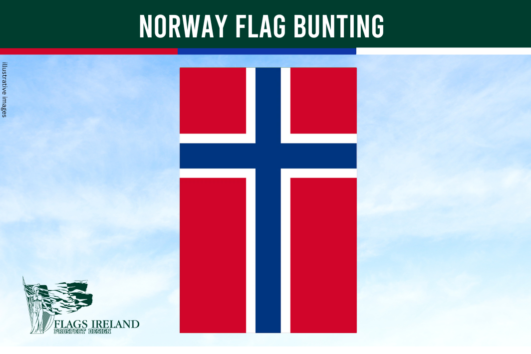 Norway flag bunting with a blue sky background and 'Flags Ireland' logo.