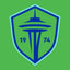 Blue logo with '1974' on a green background. Seattle Sounders FC Flag- New 2024 Crest