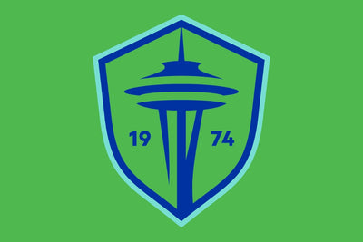 Blue logo with '1974' on a green background. Seattle Sounders FC Flag- New 2024 Crest