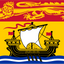 Flag with a ship, lion, and dragon on a red and yellow background. New Brunswick Flag.