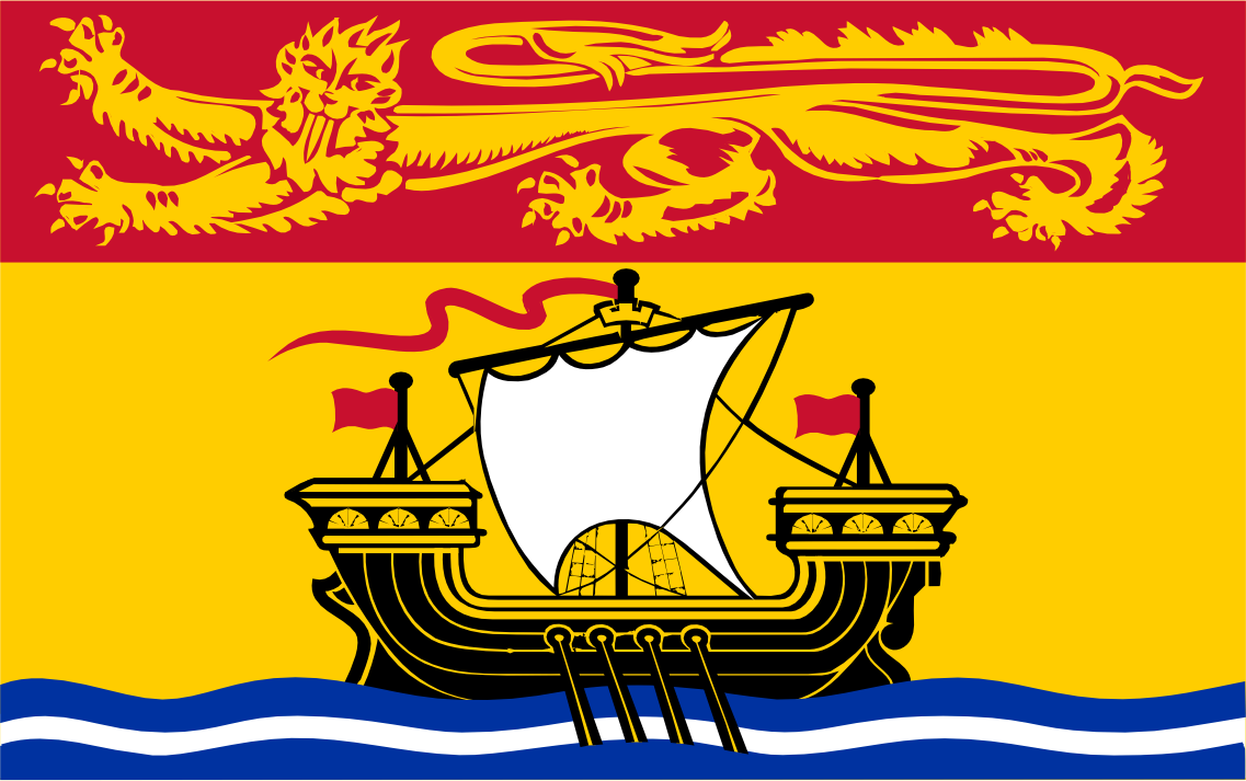 Flag with a ship, lion, and dragon on a red and yellow background. New Brunswick Flag.