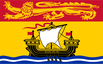 Flag with a ship, lion, and dragon on a red and yellow background. New Brunswick Flag.