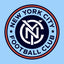 New York City Football Club logo on a blue background with orange stripes