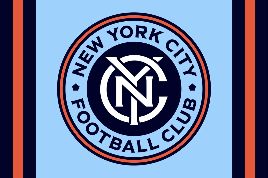 New York City Football Club logo on a blue background with orange stripes