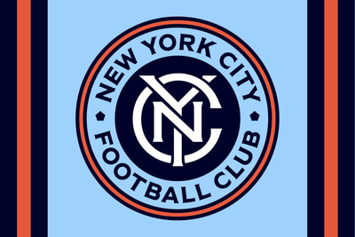New York City Football Club logo on a blue background with orange stripes