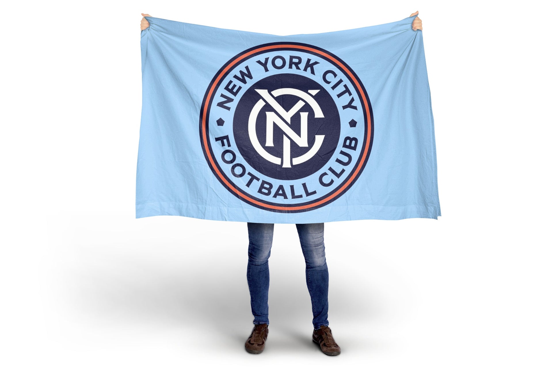 Person holding a New York City Football Club flag against a white background