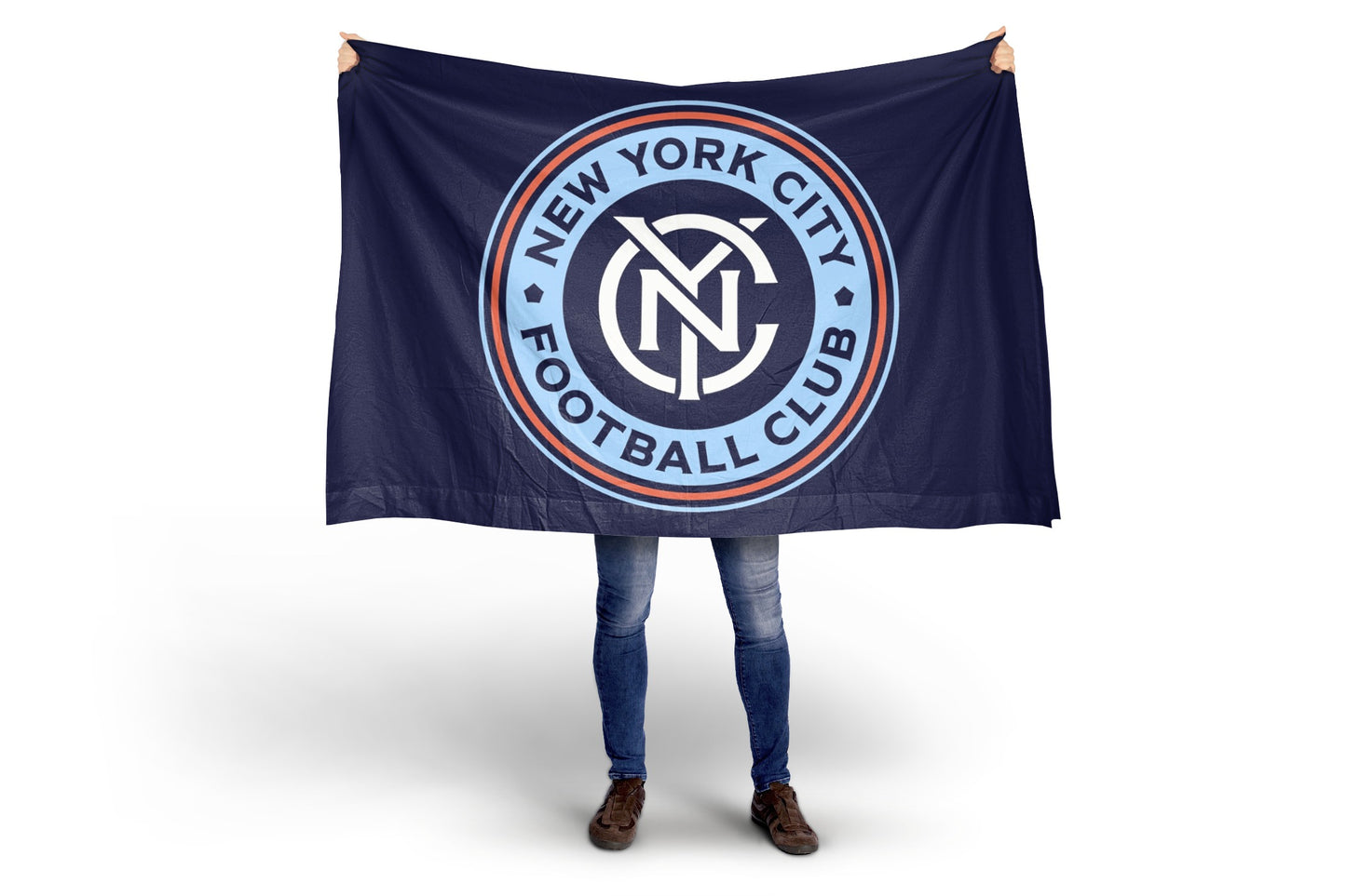 Person holding a New York City Football Club flag on a white background