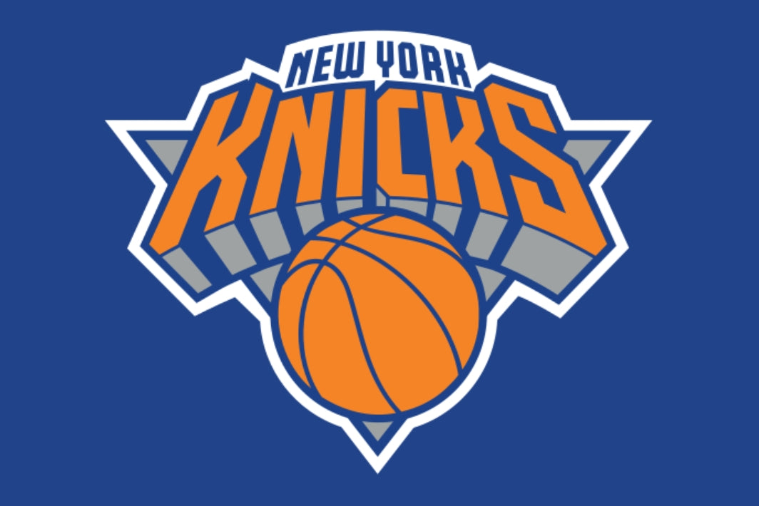 New York Knicks logo with a basketball on a blue background